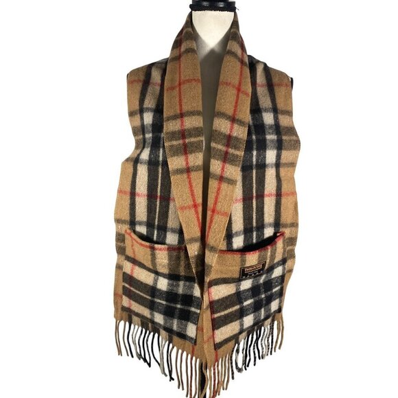 Patrick King woolen plaid fringed pocket shawl wrap scarf neutrals unisex preppy - Picture 1 of 8